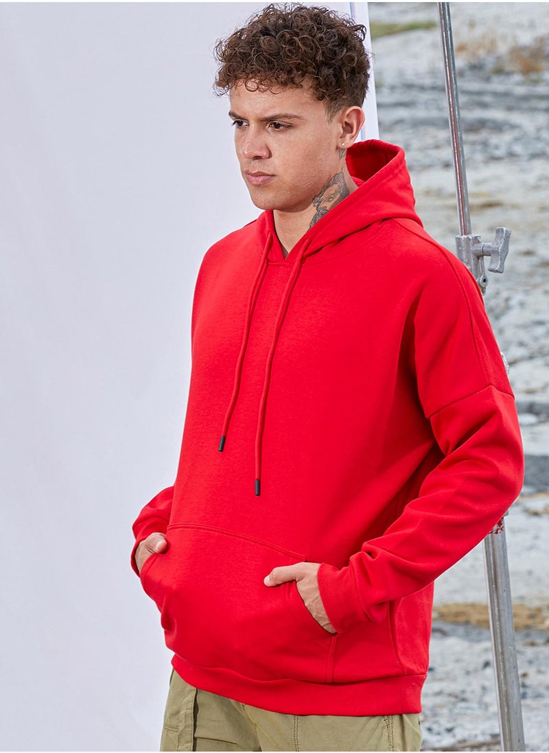 كامبوس سوترا Men's Crimson Red Oversized Basic Hoodie With Kangaroo Pocket  - Image 3