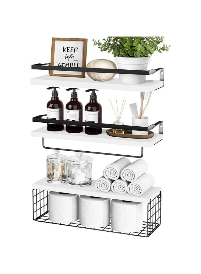 KYDTSYK Wall Mounted Floating Shelves with Towel Bar and Storage Basket – 3-Tier Bathroom Organizer for Toiletries, Towels, Plants, and Decor – Space-Saving Wood Shelves with Black Metal Frame White - Image 4