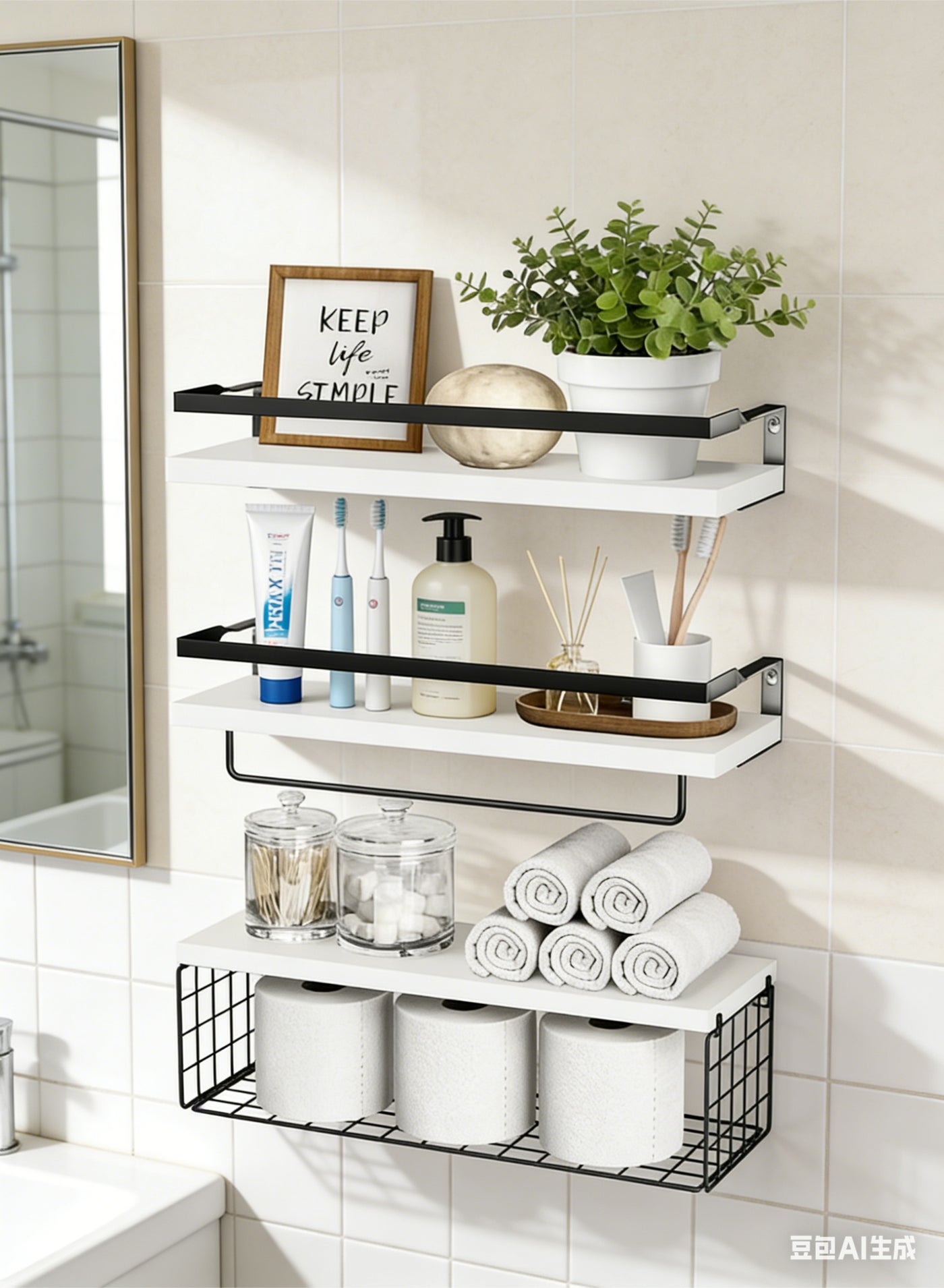 Wall Mounted Floating Shelves with Towel Bar and Storage Basket – 3-Tier Bathroom Organizer for Toiletries, Towels, Plants, and Decor – Space-Saving Wood Shelves with Black Metal Frame White