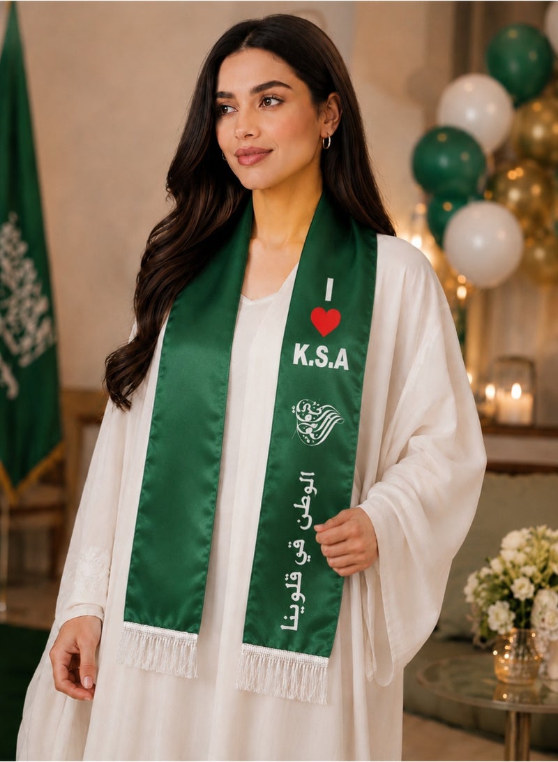 Saudi National Day Decoration Green Scarf, Featuring a Smooth and Shiny Finish, Elegant Neck Scarf with a Stylish National Design that Adds a Festive Touch to Outfits During National Day Celebrations, Perfect for Saudi National Day Events - Image 1