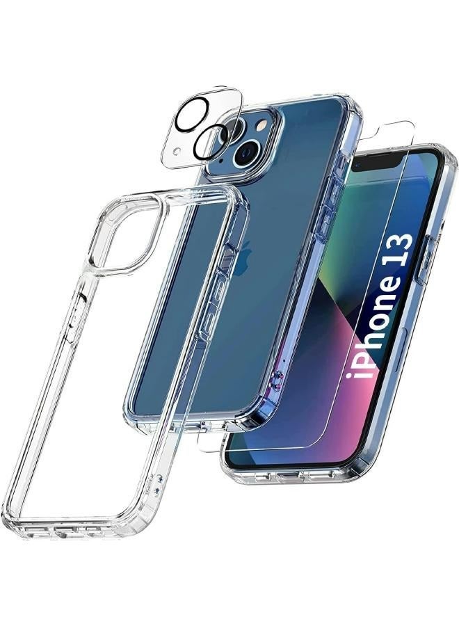 جراب حماية شفاف رفيع لايفون 13 (iPhone 13) مع عبوة واحدة من واقيات الشاشة من الزجاج المقوى وقطعة واحدة من واقي عدسة الكاميرا، غطاء جوال لـ 13 (6.1 إنش) (3in1) - Image 2