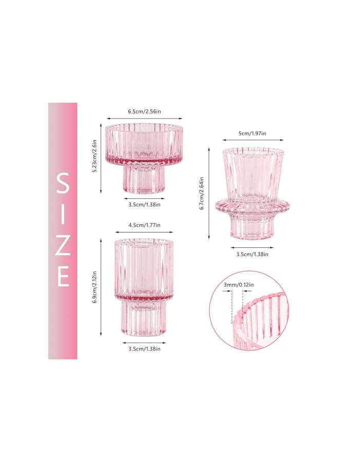 The Bros Glass Candle Holders, Set of 3 Ribbed Glass Candlesticks, Vintage Crystal Tealight Taper Candle Container Stand for Christmas Decorations Table Centerpieces Festival, Wedding Dinner Party (Pink) - Image 2