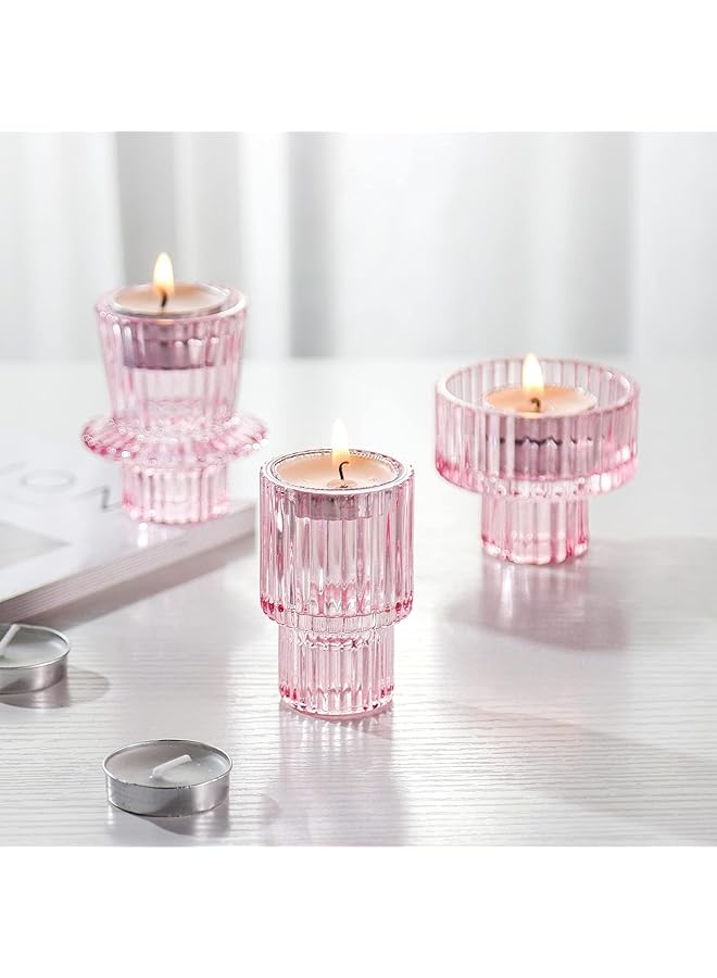 The Bros Glass Candle Holders, Set of 3 Ribbed Glass Candlesticks, Vintage Crystal Tealight Taper Candle Container Stand for Christmas Decorations Table Centerpieces Festival, Wedding Dinner Party (Pink) - Image 1