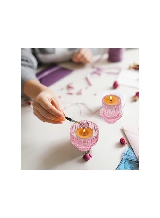 The Bros Glass Candle Holders, Set of 3 Ribbed Glass Candlesticks, Vintage Crystal Tealight Taper Candle Container Stand for Christmas Decorations Table Centerpieces Festival, Wedding Dinner Party (Pink) - Image 4