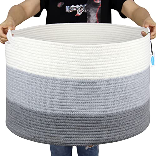 Casaphoria XXXLarge Cotton Rope Basket for Living Room - Woven Storage Basket with Handle for Blankets, Towels and Pillows Laundry Hamper | Light Gray (22" x 22" x 14") - Image 1