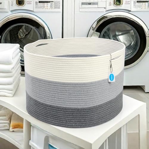 Casaphoria XXXLarge Cotton Rope Basket for Living Room - Woven Storage Basket with Handle for Blankets, Towels and Pillows Laundry Hamper | Light Gray (22" x 22" x 14") - Image 5