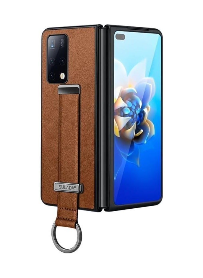 Arabest Case Compatible with Huawei Honor Magic V2 Leather Case, PU Leather and Hard PC Ultra Thin Durable Protective Phone Case, Scalable Wristband Stand Shockproof Phone Cover (Brown)