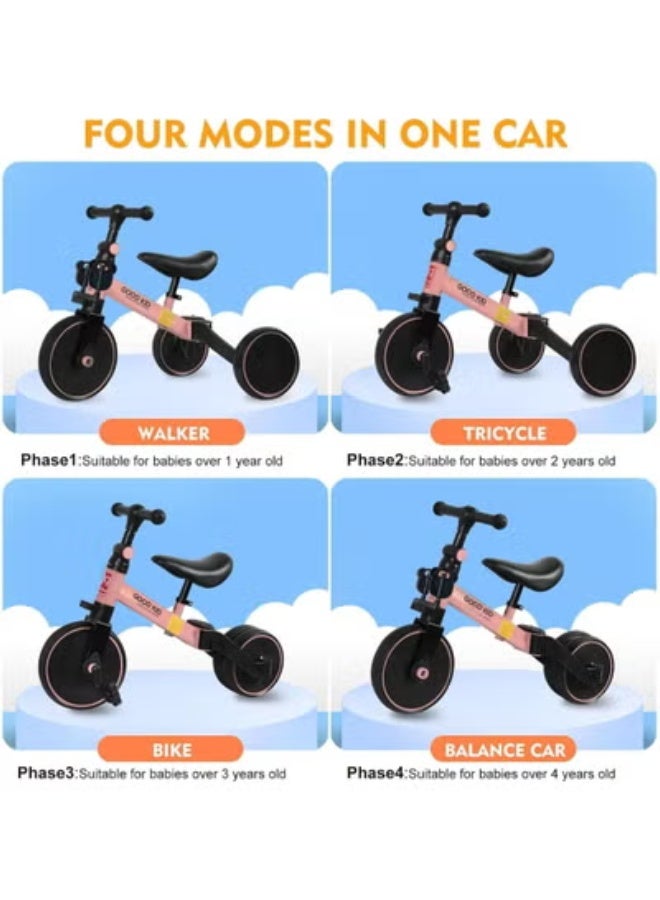 JAJEEK 4-in-1 Kids Balance Bike & Tricycle – Adjustable Seat Toddler Ride-On for 1–4 Years | Indoor & Outdoor Push Trike Toy | Convertible First Bike & Birthday Gift for Boys & Girls – Pink - Image 3