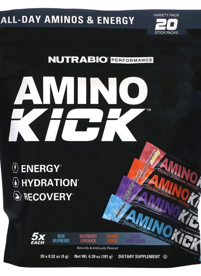 NutraBio Amino Kick Variety Pack 20 Sticks 0.32 oz (9 g) Each 