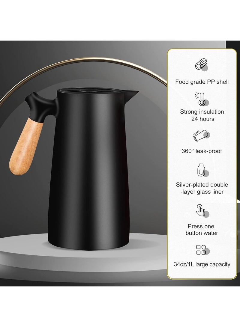 Thermal Flask for Hot Drinks, Large Capacity 1 Liter, 24 Hours Heat Retention, Double Wall with Solid Wooden Handle (Black), Stainless Steel Thermal Coffee Pot for Drinks - Coffee, Tea, Milk  - Image 2