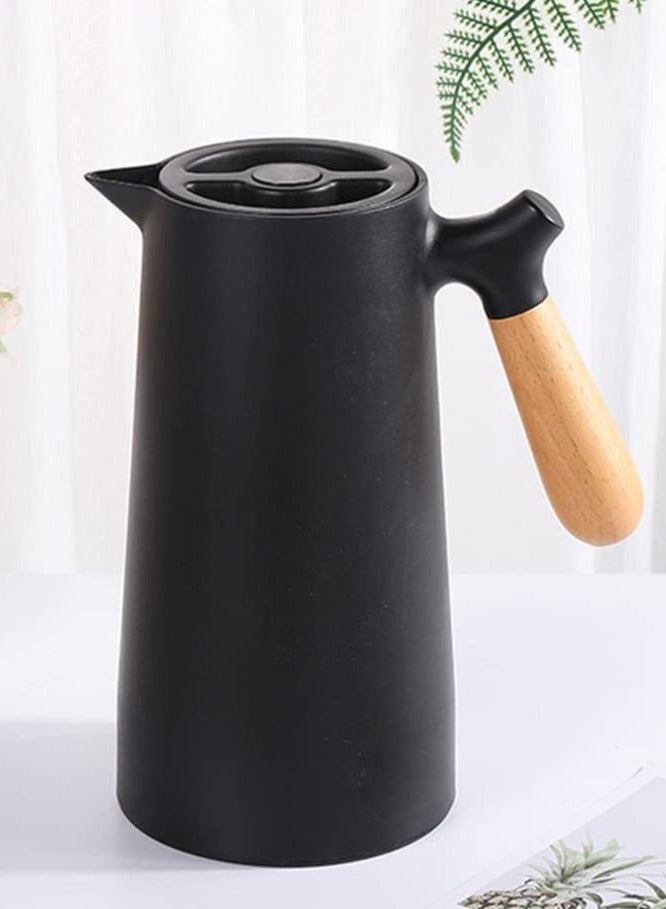 Thermal Flask for Hot Drinks, Large Capacity 1 Liter, 24 Hours Heat Retention, Double Wall with Solid Wooden Handle (Black), Stainless Steel Thermal Coffee Pot for Drinks - Coffee, Tea, Milk  - Image 4