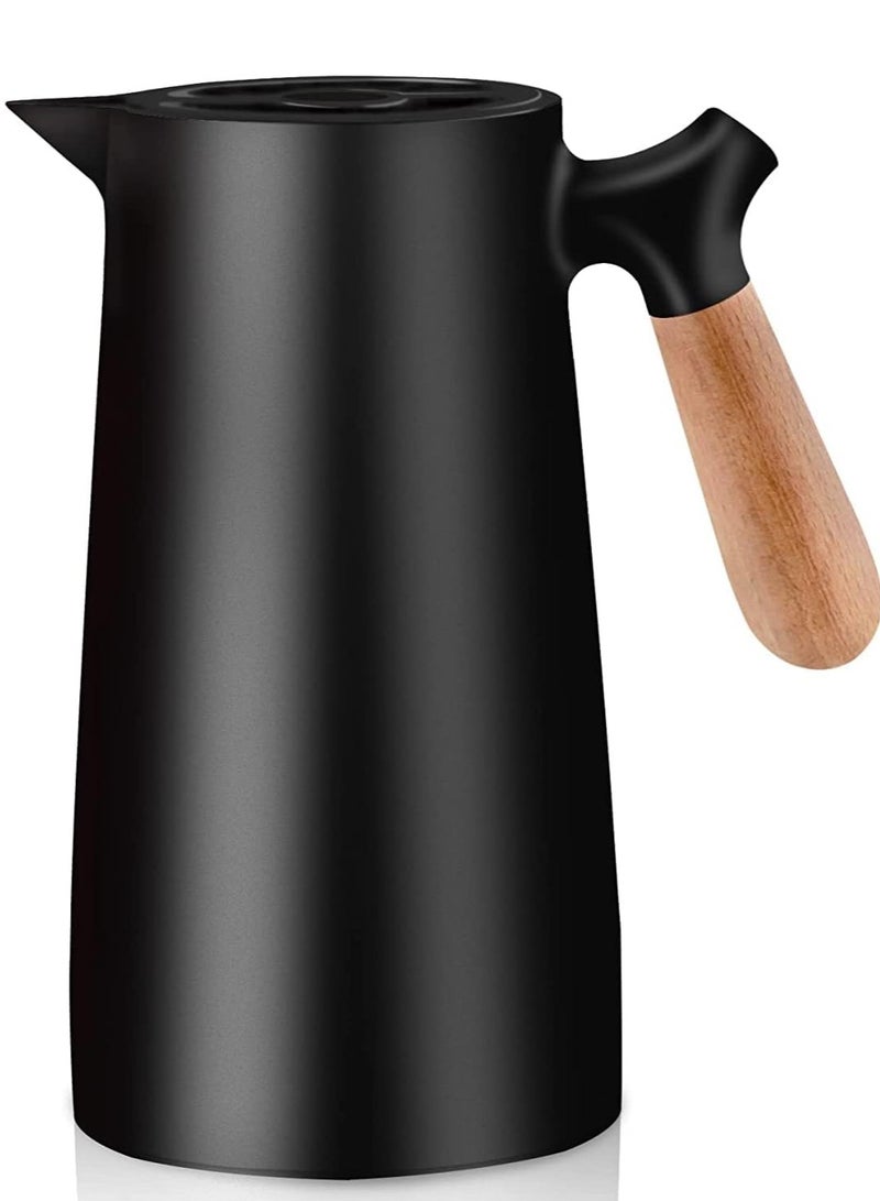 Thermal Flask for Hot Drinks, Large Capacity 1 Liter, 24 Hours Heat Retention, Double Wall with Solid Wooden Handle (Black), Stainless Steel Thermal Coffee Pot for Drinks - Coffee, Tea, Milk  - Image 1