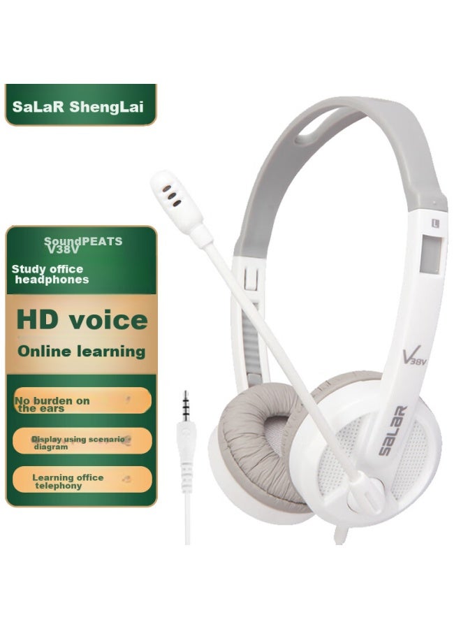 salar Shenglai V38v Laptop Headphones, Wired Over-ear, For Students And Children, English Learning Online Class Headphones, With Microphone, Single-port Two-in Plug Headset With Microphone, White - Image 1
