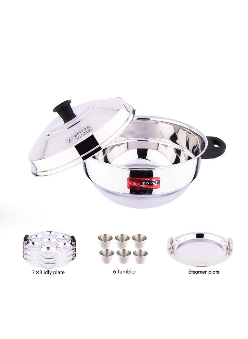 EUROstyle KITCHENWARE COOK WITH COMFORT Eurostyle Compact 21 Super Deluxe Stainless Steel Idli Cookware Steamer Idli Idiyappam Dhokla Vegetable Steamer2in 1 3 Idli Plates 21 idlis 6 Tumbler 1 Steamer Stainless Steel EUS_Comp_21_SupD  - Image 3