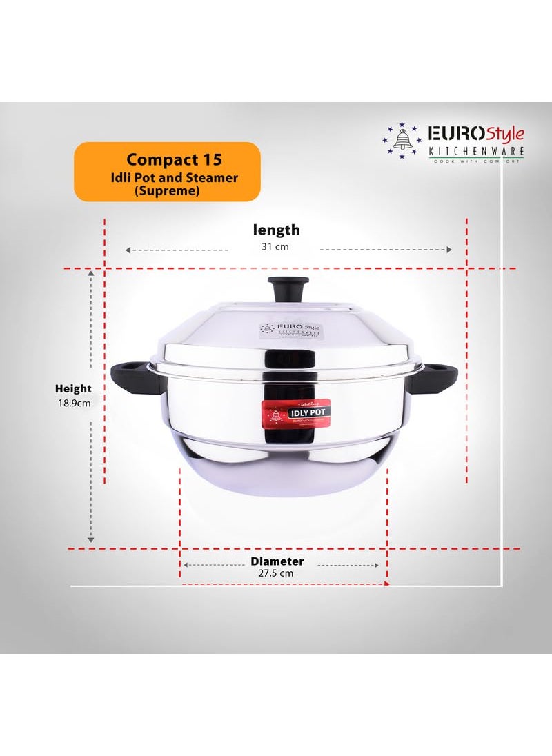 EUROstyle KITCHENWARE COOK WITH COMFORT Eurostyle Compact 21 Super Deluxe Stainless Steel Idli Cookware Steamer Idli Idiyappam Dhokla Vegetable Steamer2in 1 3 Idli Plates 21 idlis 6 Tumbler 1 Steamer Stainless Steel EUS_Comp_21_SupD  - Image 2