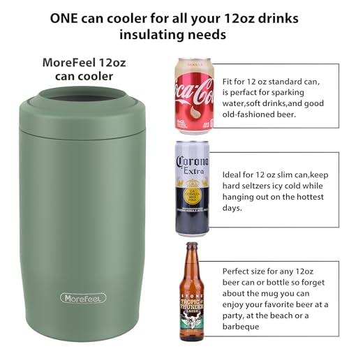 MoreFeel 4-in-1 Skinny Can Cooler Double Wall Stainless Steel Insulated Can Holder,Can Coozie, Works With 12 Oz Slim Can,Standard Cans,Beer Bottles & As Pint Cups (Military Green) - Image 3