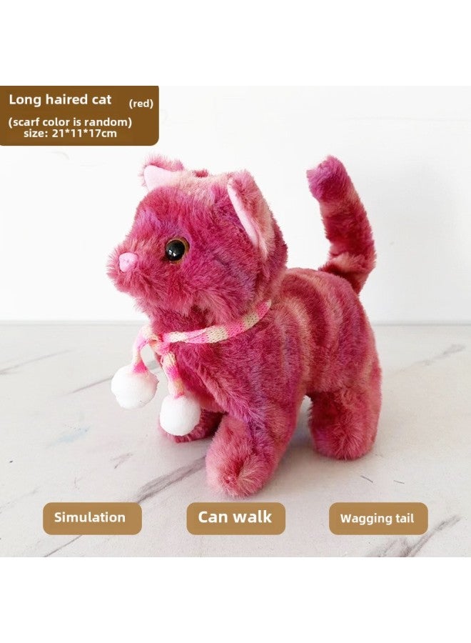 Plush Electric Cat Simulation Cry Walking Nodding Wagging Tail Kitten Puppy Children's Toy Pet Electronic Cat-Color: Scarf Chip Cat (dyed Red)  - Image 1