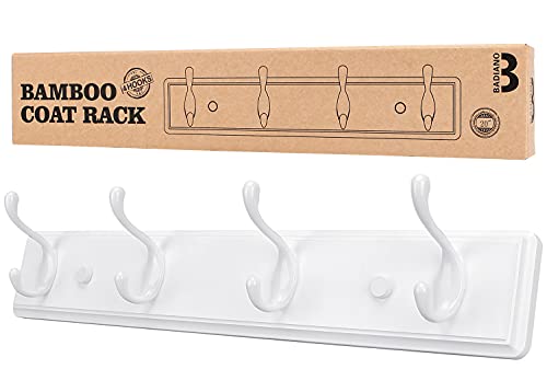 Badiano Wooden Coat Rack, Wall-Mounted Organizer for Closet, Entryway, Hallway, Foyer, Bedroom, Heavy Duty Double Hooks for Hanging Towels, Bags, Hats, Jackets, Key (White, 4 Hooks) - Image 1