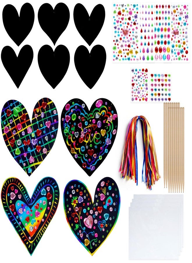 Ishua Valentine Crafts Scratch Valentine Scratch Art Heart Set (49 Pcs) - Rainbow Scratch Paper Hearts with Wooden Styluses, Ribbons & 3D Puffy Stickers - Image 1