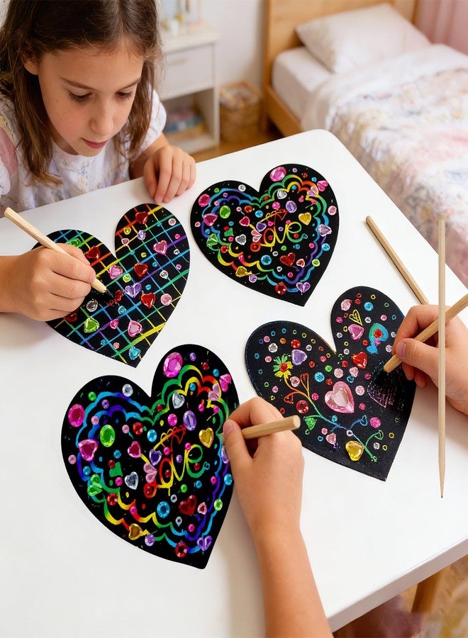 Ishua Valentine Crafts Scratch Valentine Scratch Art Heart Set (49 Pcs) - Rainbow Scratch Paper Hearts with Wooden Styluses, Ribbons & 3D Puffy Stickers - Image 4
