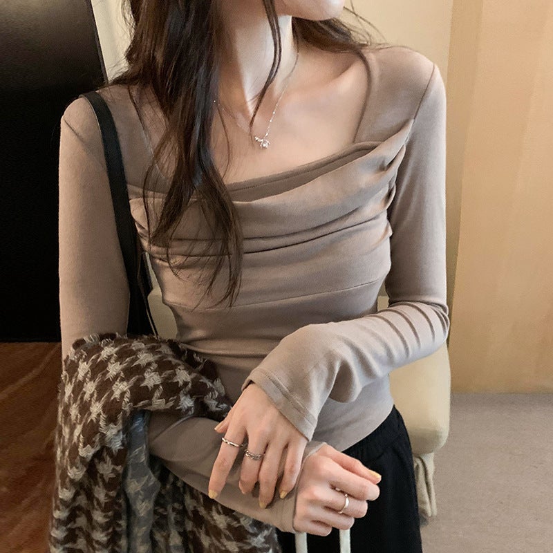 European Goods Square Collar Pleated Long Sleeve Basic T-Shirt Women'S Inside Slim Short Pure Want To Go Up - Image 4