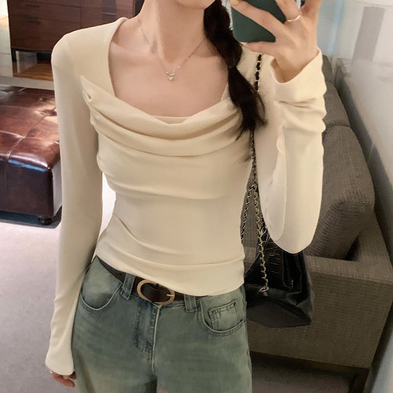 European Goods Square Collar Pleated Long Sleeve Basic T-Shirt Women'S Inside Slim Short Pure Want To Go Up - Image 5