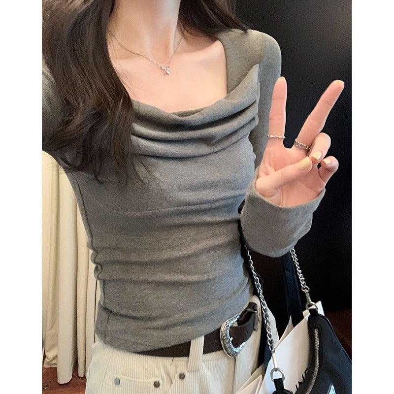 European Goods Square Collar Pleated Long Sleeve Basic T-Shirt Women'S Inside Slim Short Pure Want To Go Up - Image 1