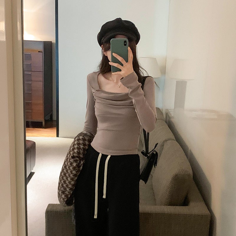 European Goods Square Collar Pleated Long Sleeve Basic T-Shirt Women'S Inside Slim Short Pure Want To Go Up - Image 3