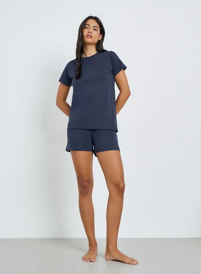 Styli vy Blue Pack of 3 - Solid Short Sleeve T-Shirt, Shorts and Pyjama Set for Women | Best Price UAE