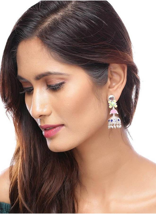 VOYLLA Silver Plated Danglers With Colorful Enameling For Women  - Image 4