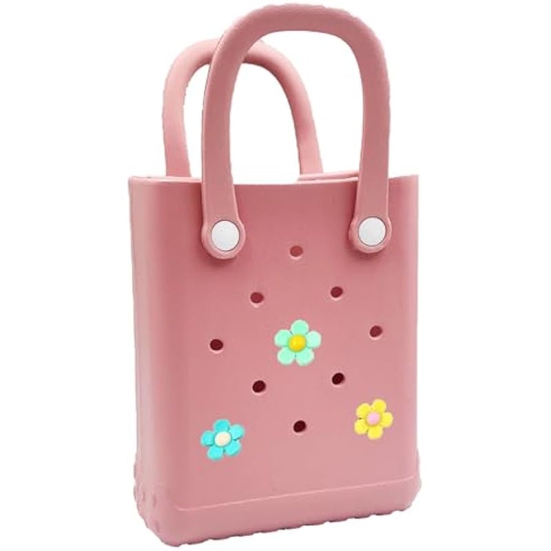 Mini Rubber Tote Bag, 6.5x8.0x3.1 inches,Waterproof Beach Bag with Charms, Cute Rubber Beach Bag, Small Charms Beach Tote for Girls, Pink - Image 1