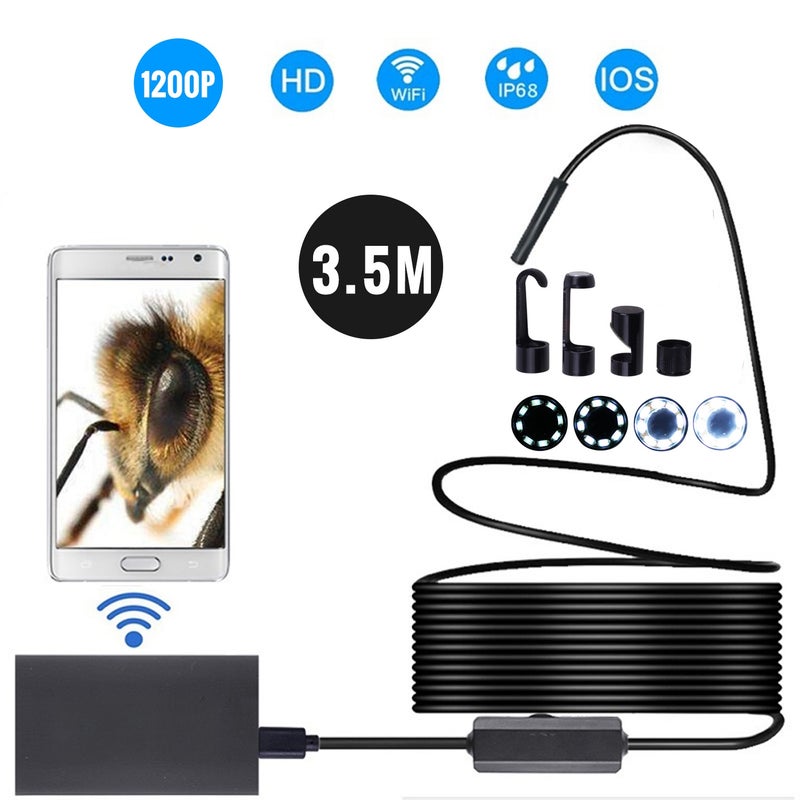 8mm Wireless Endoscope Camera IP68 Waterproof WiFi Inspection 2.0MP HD 8 LED Semi-Rigid Cable Borescope for iPhones iPads Android Devices and PC Black 3.5M - Image 1