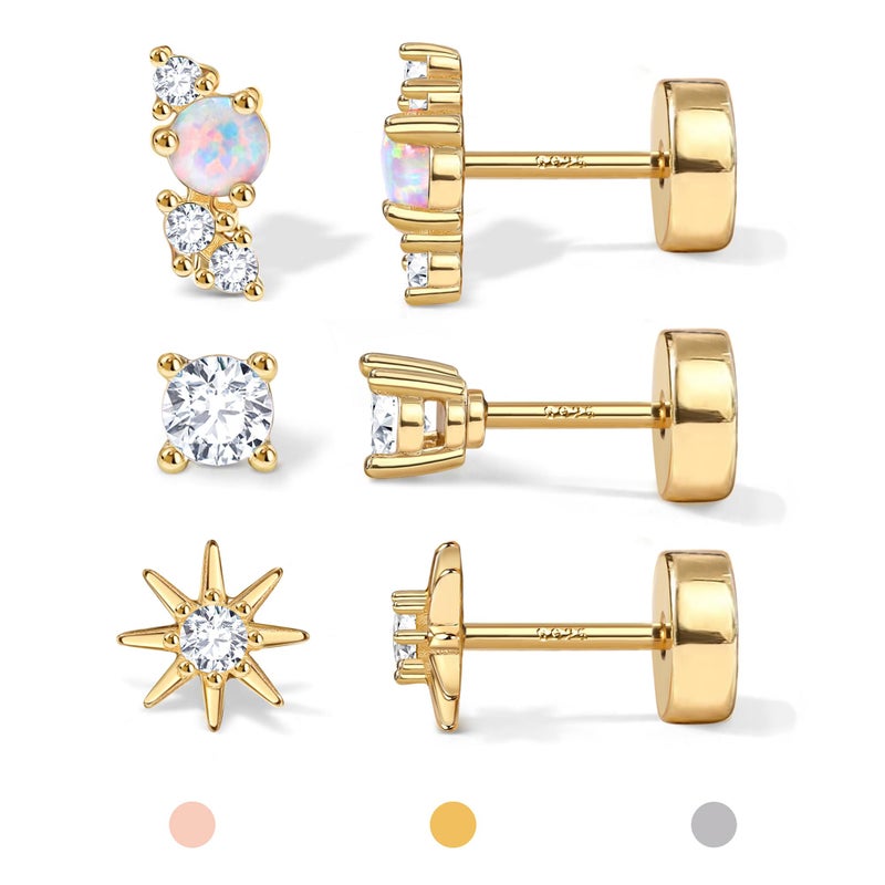 GEMQUEEN Flat Back Earrings Stud Hypoallergenic : 14K Gold Plated 925 Sterling Silver Earring Set for Cartilage Helix Conch Tragus Lobe Piercing Jewelry Small Screw Cross Sun CZ Earrings for Women Men - Image 1