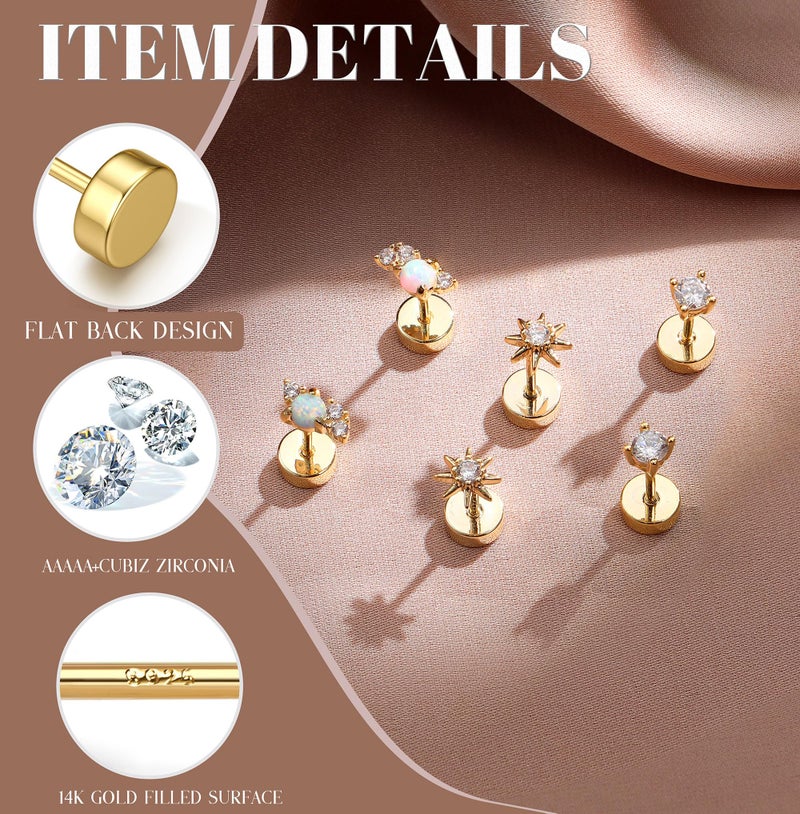 GEMQUEEN Flat Back Earrings Stud Hypoallergenic : 14K Gold Plated 925 Sterling Silver Earring Set for Cartilage Helix Conch Tragus Lobe Piercing Jewelry Small Screw Cross Sun CZ Earrings for Women Men - Image 2