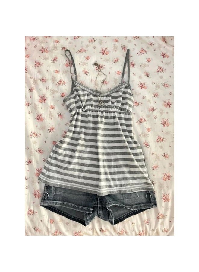 MANGMAO Emo Coquette Cropped Top Grunge 2000s Spaghetti Strap Tops Streetwear Vintage Camisole Y2k Cheetah Tops, Grey Striped, L - Image 2