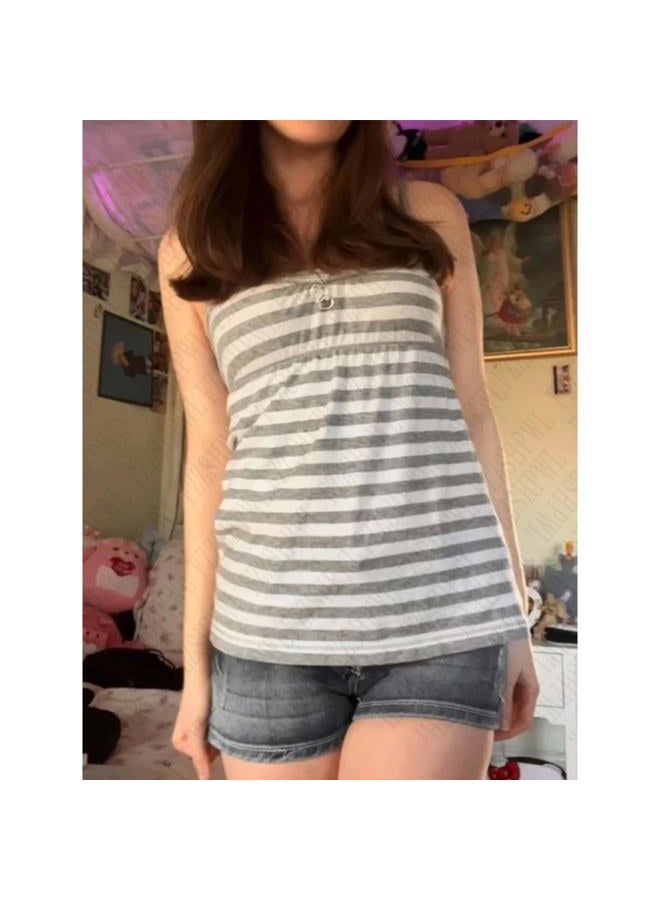 MANGMAO Emo Coquette Cropped Top Grunge 2000s Spaghetti Strap Tops Streetwear Vintage Camisole Y2k Cheetah Tops, Grey Striped, L - Image 3