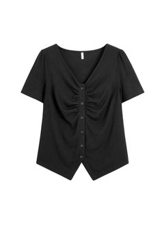 Large Size Women's Clothing Chubby Sweet And Spicy Style Slim Shoulder Short-sleeved T-shirt V-neck Irregular Design Slim-fit Top 62402