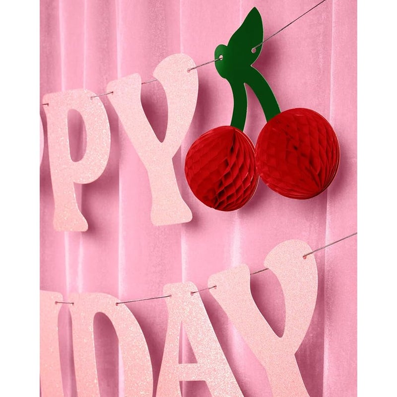 xo, Fetti Happy Birthday Cherry Banner - Pink Glitter, 6.5 Ft. | 3D Cherry Garland, Bday Decoration, Accordion Party Sign, Pop Up Photoshoot Backdrop - Image 4