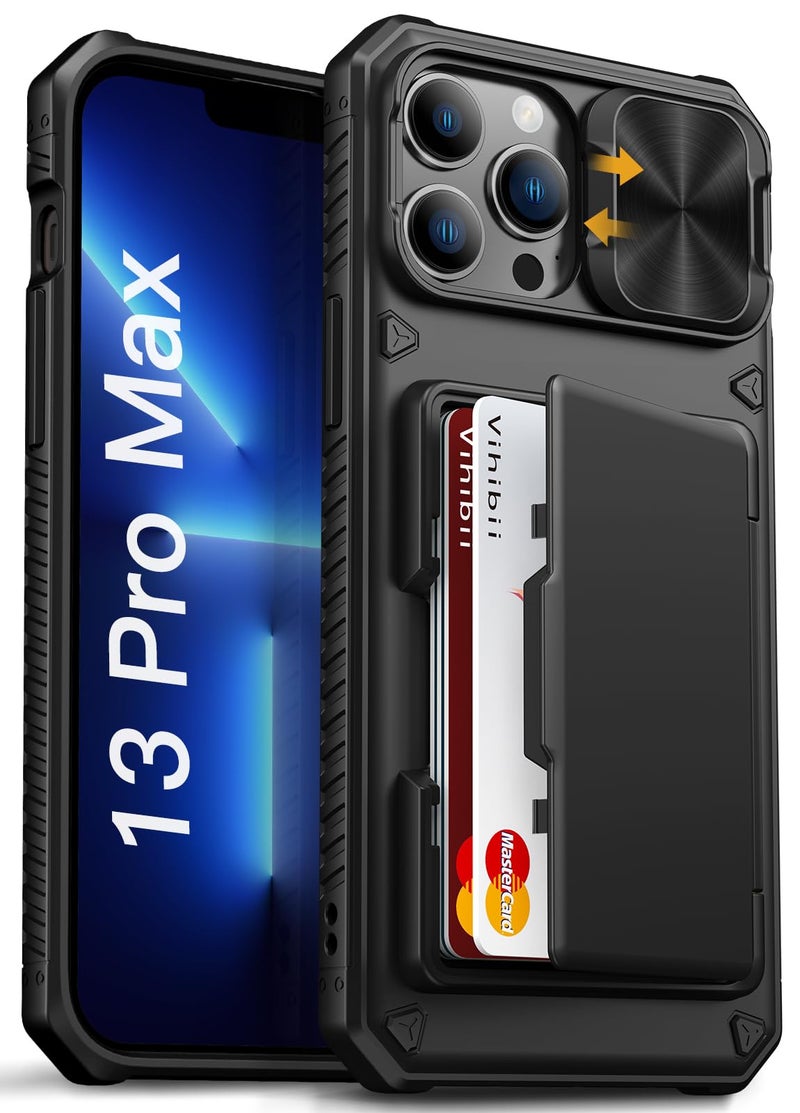 Vihibii for iPhone 13 Pro Max/iPhone 12 Pro Max Case with Card Holder (4 Cards) [RFID Blocking] & Slide Camera Cover, Military Grade Drop Protection, Rugged Back & Silicone Edge Wallet Case, Black - Image 1