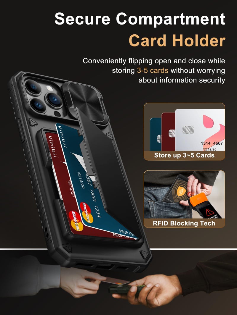 Vihibii for iPhone 13 Pro Max/iPhone 12 Pro Max Case with Card Holder (4 Cards) [RFID Blocking] & Slide Camera Cover, Military Grade Drop Protection, Rugged Back & Silicone Edge Wallet Case, Black - Image 3