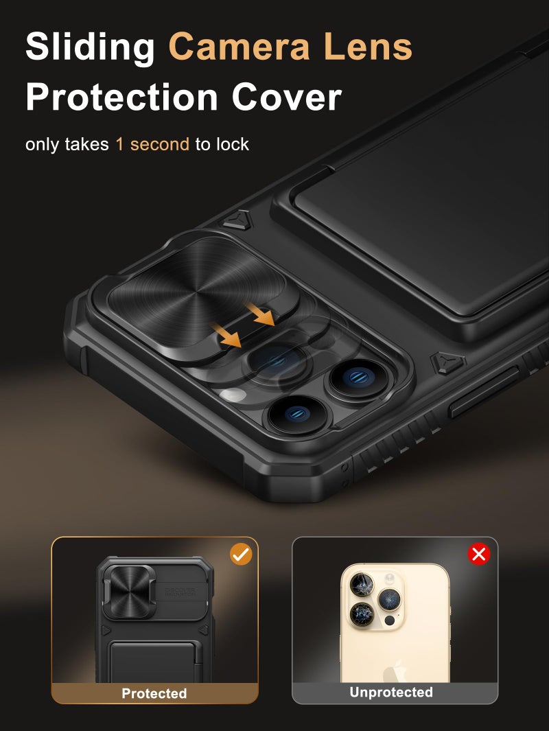 Vihibii for iPhone 13 Pro Max/iPhone 12 Pro Max Case with Card Holder (4 Cards) [RFID Blocking] & Slide Camera Cover, Military Grade Drop Protection, Rugged Back & Silicone Edge Wallet Case, Black - Image 4