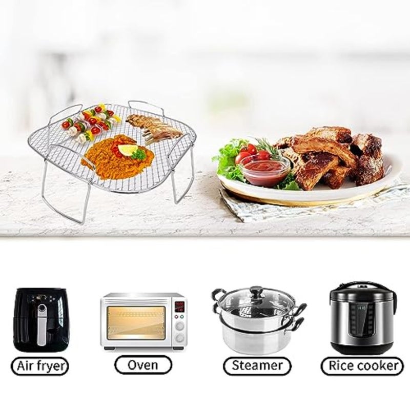 Air fryer rack for grilling and dehydrating, stainless steel, silver, rust-resistant and dishwasher-safe multi-purpose cooking shelf compatible with most air fryers - Image 2