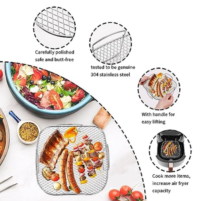 Air fryer rack for grilling and dehydrating, stainless steel, silver, rust-resistant and dishwasher-safe multi-purpose cooking shelf compatible with most air fryers - Image 3