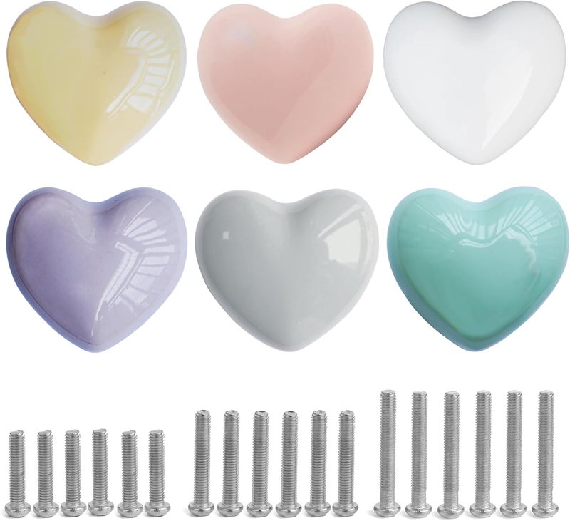 Perphin Ceramic Drawer Knobs Heart Shape Colorful Heart Cabinet Dresser Pulls Handles with 3 Sized Screws, Kitchen Furniture Knobs for Closet Cupboard Wardrobe (Mixed Color, 6 Pack) (6packmixcolor) - Image 1