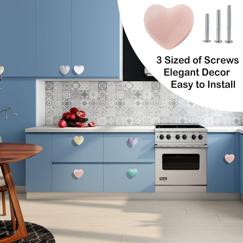 Perphin Ceramic Drawer Knobs Heart Shape Colorful Heart Cabinet Dresser Pulls Handles with 3 Sized Screws, Kitchen Furniture Knobs for Closet Cupboard Wardrobe (Mixed Color, 6 Pack) (6packmixcolor) - Image 2