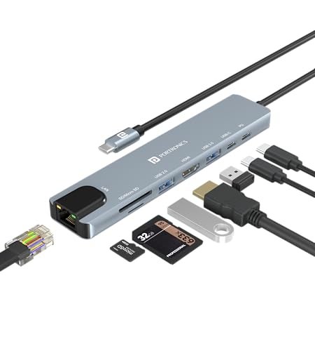Portronics Mport 8 USB-C USB Hub/Docking Station(8-in-1) with 4K 30Hz HDMI, 100 Mbps Ethernet, USB 3.0, microSD/SD Card Reader, Type-C Data, PD Charging, USB 2.0, Type-C Plug for Laptop, Mac, PC - Image 1