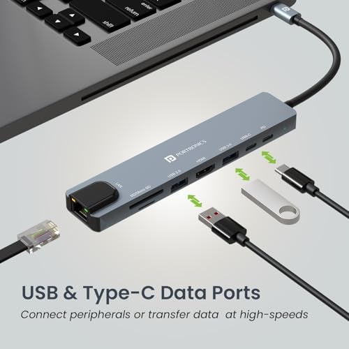 Portronics Mport 8 USB-C USB Hub/Docking Station(8-in-1) with 4K 30Hz HDMI, 100 Mbps Ethernet, USB 3.0, microSD/SD Card Reader, Type-C Data, PD Charging, USB 2.0, Type-C Plug for Laptop, Mac, PC - Image 4