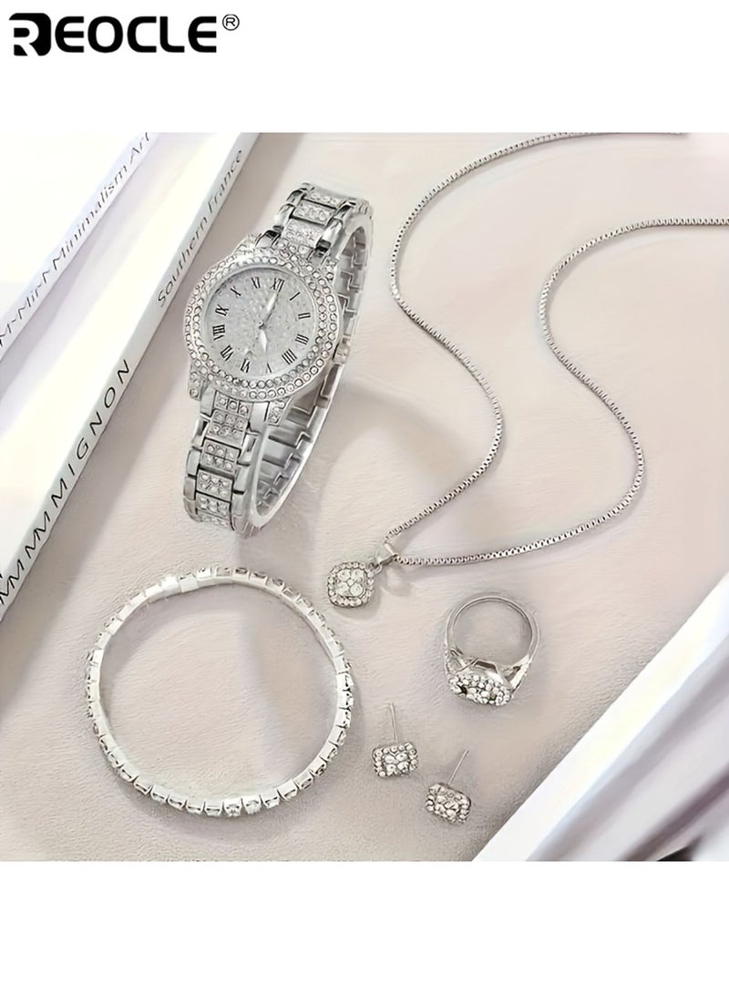 ريوكل 5 قطع نسائية ساعة ومجوهرات كوارتز رومانية مع ترصيع حجر الراين الفاخر مؤشر أنيق حزام سبائك الزنك يتضمن قلادة سوار خاتم قرط أنيق أنيق هدية مثالية لها مناسبة للارتداء اليومي للحفلات مناسبات خاصة للنساء للسيدات للبالغين - Image 5