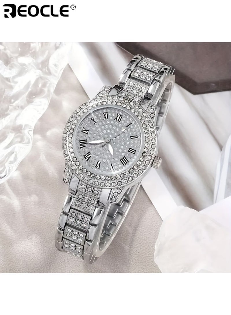 ريوكل 5 قطع نسائية ساعة ومجوهرات كوارتز رومانية مع ترصيع حجر الراين الفاخر مؤشر أنيق حزام سبائك الزنك يتضمن قلادة سوار خاتم قرط أنيق أنيق هدية مثالية لها مناسبة للارتداء اليومي للحفلات مناسبات خاصة للنساء للسيدات للبالغين - Image 3