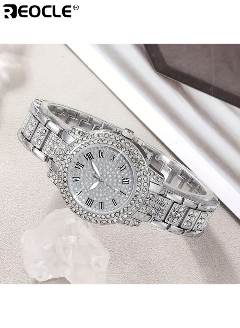 ريوكل 5 قطع نسائية ساعة ومجوهرات كوارتز رومانية مع ترصيع حجر الراين الفاخر مؤشر أنيق حزام سبائك الزنك يتضمن قلادة سوار خاتم قرط أنيق أنيق هدية مثالية لها مناسبة للارتداء اليومي للحفلات مناسبات خاصة للنساء للسيدات للبالغين - Image 2